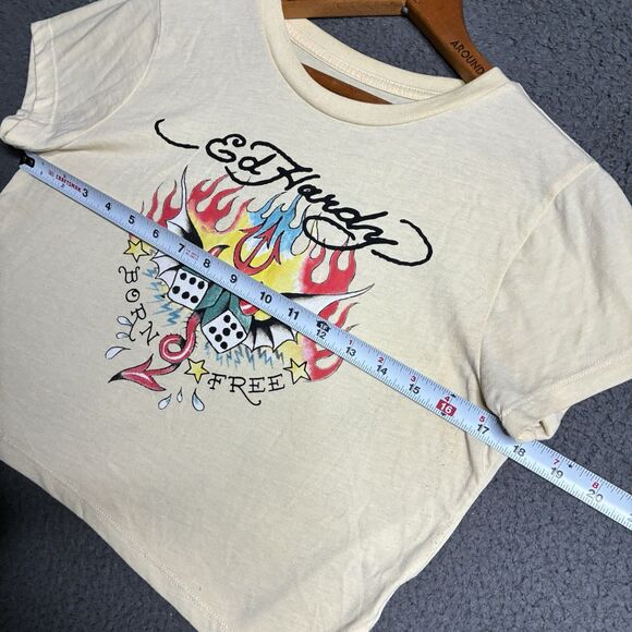 Y2K Ed Hardy Yellow Graphic T Shirt Cropped Top Womens Large - Picture 11 of 11